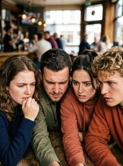 Obraz premium Close-up of focused persons showing tension and anticipation while watching a football match in a bright daytime sports bar.