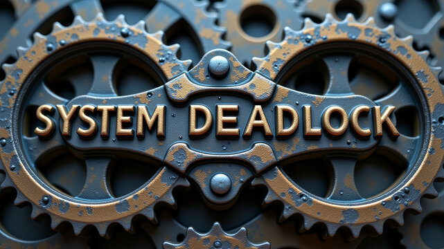 Interlocking metallic gears with illuminated typography illustrating institutional paralysis and severe obstruction within governance systems