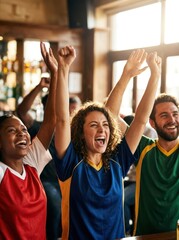 Fototapeta premium Dynamic close-up of persons standing and cheering for their football team in a sunlit sports bar, victory celebration.