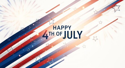 Obraz premium Happy 4th of July greeting with abstract red white and blue stripes and stars and fireworks background illustration