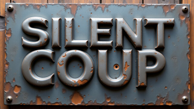 Rusted industrial plaque typography expressing concealed overthrow covert governance and erosion of democratic institutional control