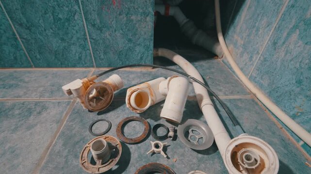 Old Bathtub Drain Siphon Disassembled on Bathroom Floor After Replacement | Worn Plastic Parts, Rubber Seals and Pipe Fittings | Plumbing Repair Close-Up