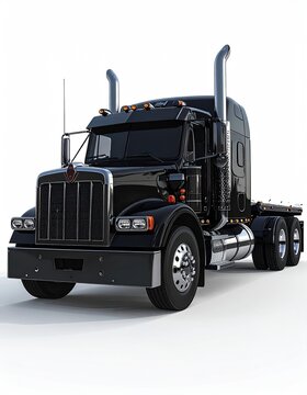 Sleek black semi-truck with chrome accents and dual exhaust stacks