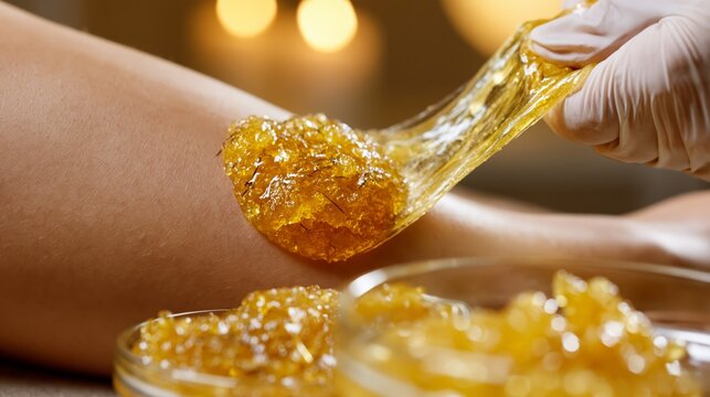 Sugaring natural hair removal treatment using organic sugar paste on leg skin. A ball of warm golden sugar paste is pressed flat then snapped off the leg.