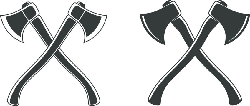Axe and crossed axes black silhouette vector icon set, axe line art vector symbols featuring sharp tool shapes, rustic craftsmanship style, and strong industrial aesthetics, ideal for camping, 