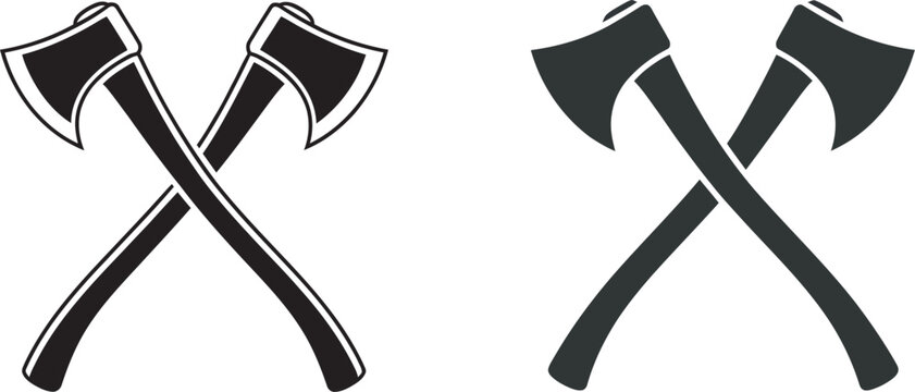 Axe and crossed axes black silhouette vector icon set, axe line art vector collection representing woodworking, lumberjack tools, forestry equipment, and outdoor adventure concepts for logo, badge, 