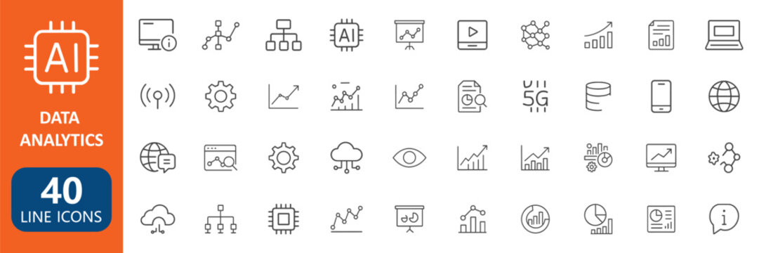Data Analytics Line Icons Set Featuring AI Dashboard Statistics and Business Visualization