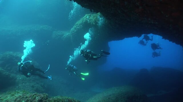 scuba divers exploring and swimming around an arc underwater cave and tunnel swim trough 