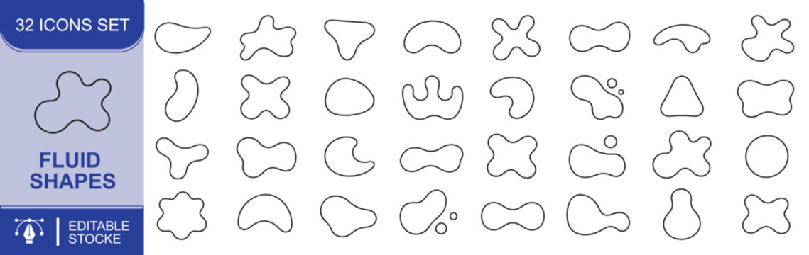 Set of 32 Fluid shapes icons Each icon will be different, create a vector outline icons using white background and black color