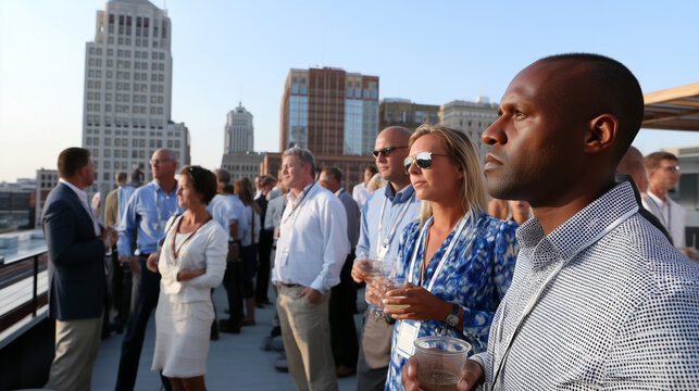 corporate rooftop networking event briefly paused as attendees watch eclipse, business casual attire, city skyline