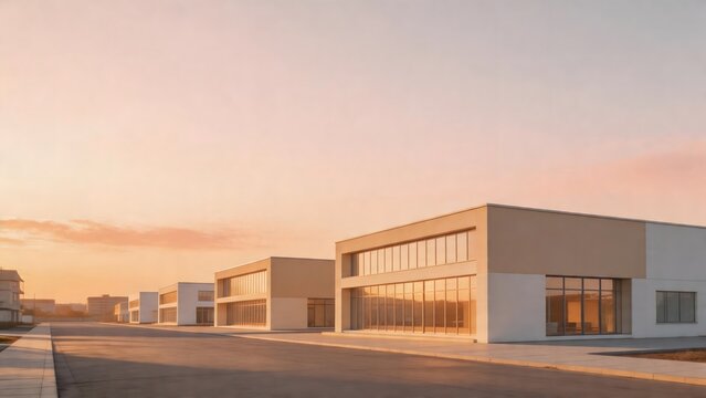 Modern buildings in a row at sunset