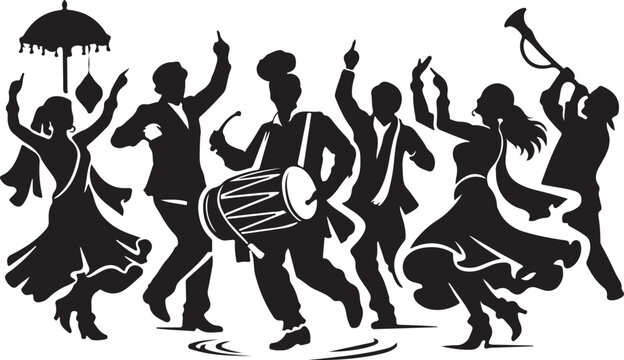 silhouette of wedding baraat dancers celebrating