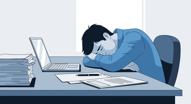 Exhausted Office Worker Slumping Over Desk Overwhelmed by Work Pressure and Fatigue
