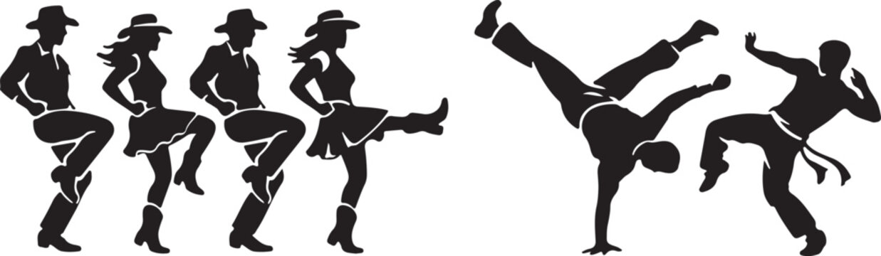 silhouette of line dancers kicking boots