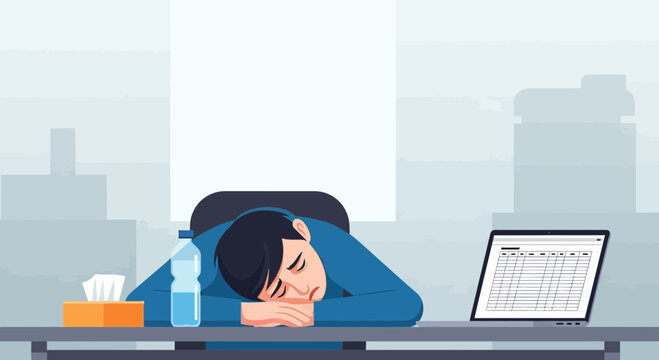 Exhausted Office Worker Slumping Over Desk, Overworked Employee, Burnout Cartoon