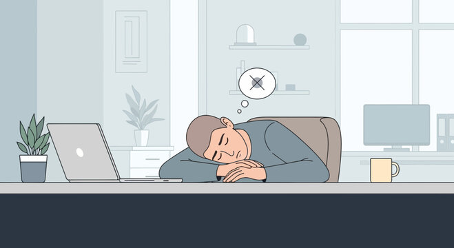 Exhausted Office Worker Slumping Over His Desk Suffering From Burnout Or Exhaustion