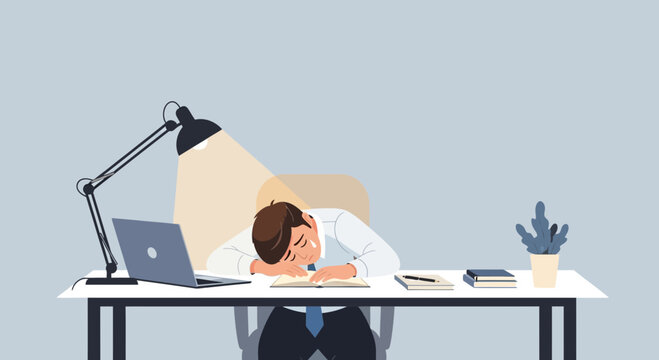 Exhausted Office Worker Slumping Over His Desk Overwhelmed by Intense Workload