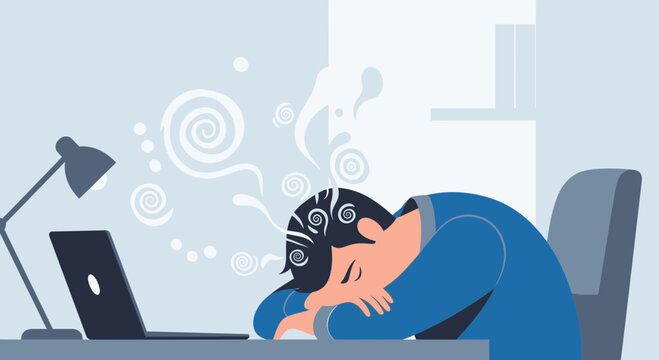Exhausted Office Worker Slumping Over Laptop Computer In A Conceptual Illustration