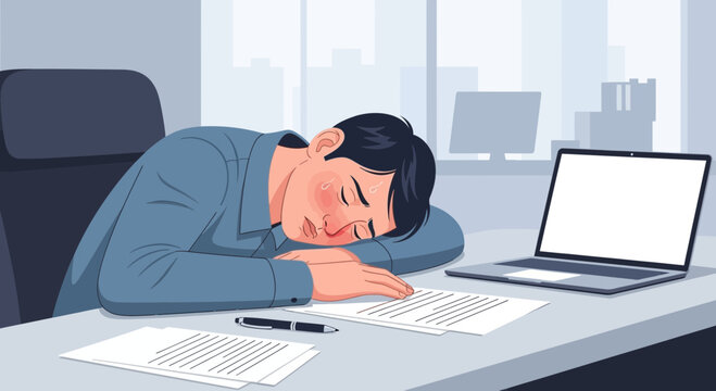 Exhausted Office Worker Slumping Over Papers in a Work From Home Workspace