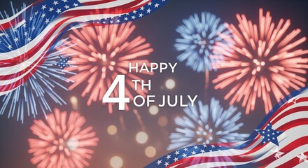 Fototapeta premium Happy 4th of July celebration with American flag elements and vibrant fireworks display in a festive patriotic background, symbolizing national pride and independence day festivities.