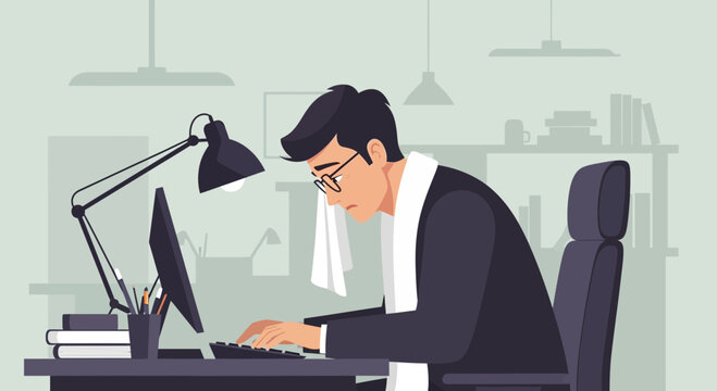 Exhausted Office Worker Suffering From an Illness While Working At His Desk