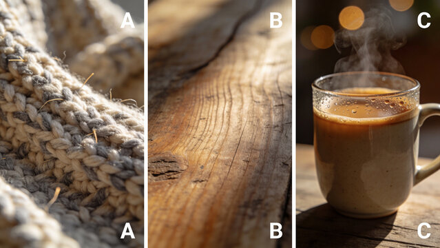 Cozy lifestyle collage with knitted wool texture, rustic wood background and steaming cup of coffee