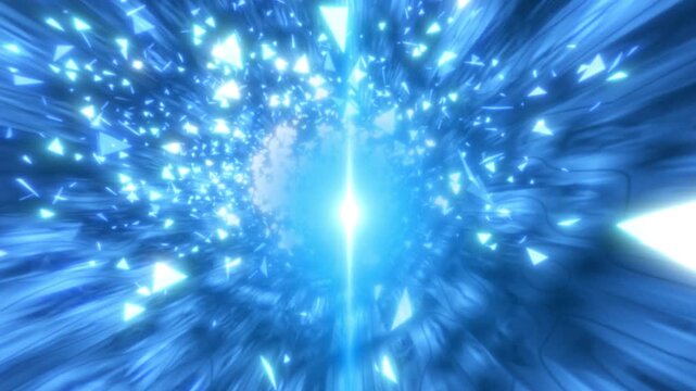 Blue abstract light tunnel filled with glowing triangular shards, suggesting speed