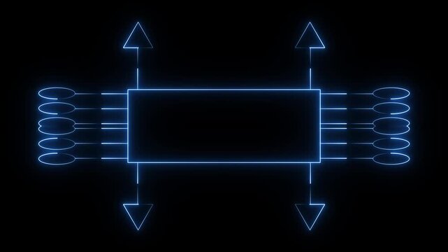 Abstract blue glowing geometric shapes motion graphics, futuristic data processing animation on dark background.4.k animation video