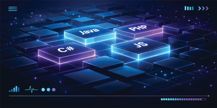 Futuristic Programming Languages Interface with Java JavaScript PHP and C Sharp Neon Technology Background