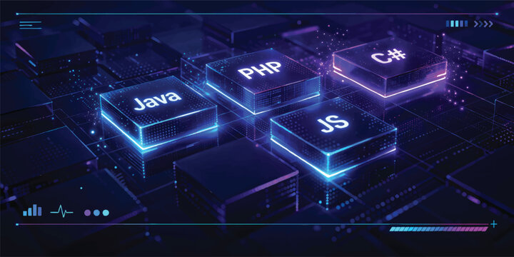 Futuristic Programming Languages Interface with Java JavaScript PHP and C Sharp Neon Technology Background
