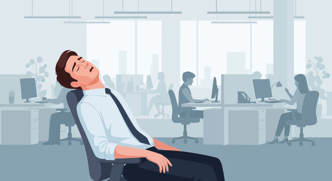 Exhausted Office Worker Takes a Break Sleeping at His Desk Tiredness and Overwork Concepts