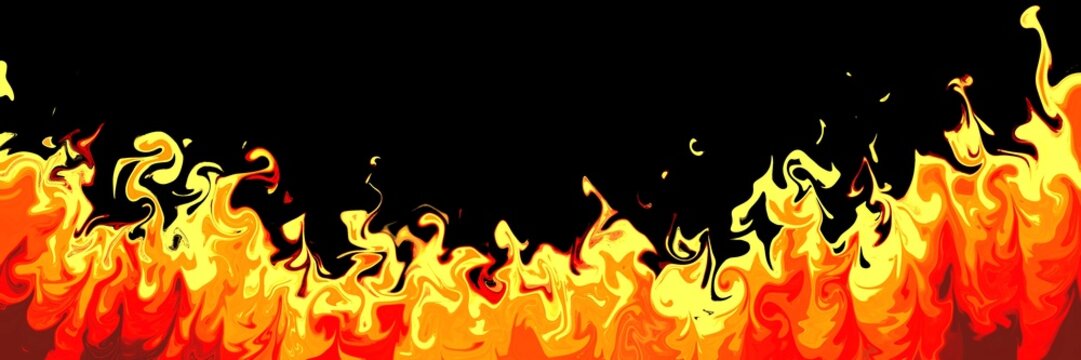 Vibrant orange and yellow flames with dynamic curls along the top edge of black background. Rich and energetic fire composition perfect for action, power, and attention-grabbing designs.