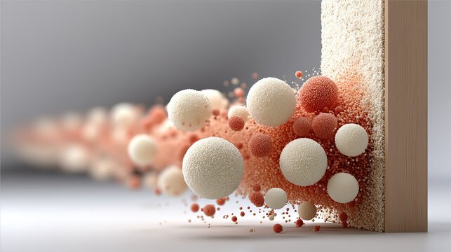 3D Abstract Textured Spheres, Terracotta and Neutral Geometric Particles Bursting from Wooden Structure, Minimalist Modern Background for Web Design, Presentation, Art Decoration