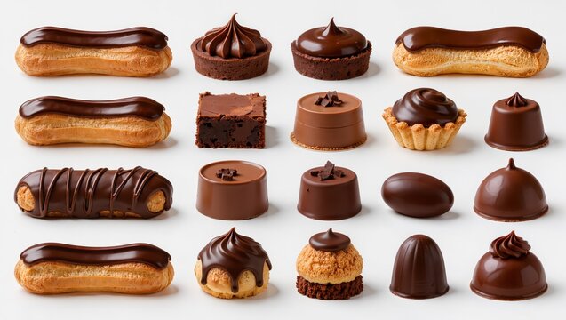 Chocolate pastry assortment isolated on white background