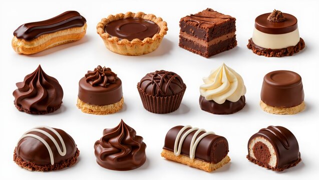 Chocolate pastry assortment isolated on white background