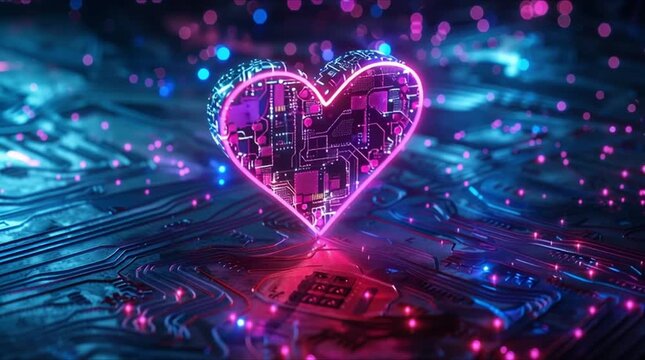 Neon Cyber Heart with Digital Data Waves and Floating Particles (AI Generated)