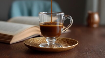 Fototapeta premium Rich espresso dripping into a glass cup placed on a patterned saucer next to an open book symbolizing peaceful morning contemplation