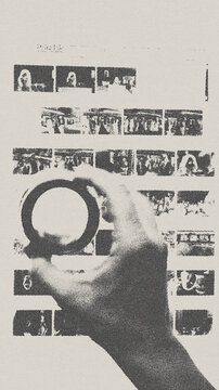 hand holding a magnifing glass and a contact print sheet of analogue film strips of a newspaper print vintage halftone image