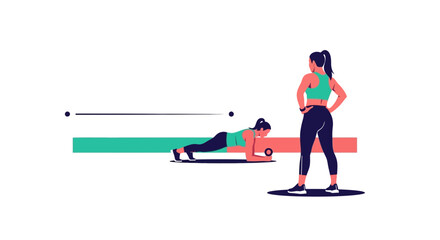 Fototapeta premium Fitness woman doing plank exercise, trainer watching, workout illustration