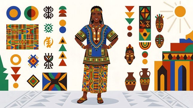 African Traditional Fashion Flat Vector Set &ndash; Dashiki Kente Cloth Bold Geometric Pattern Vibrant Cultural Outfit Illustration Mockup