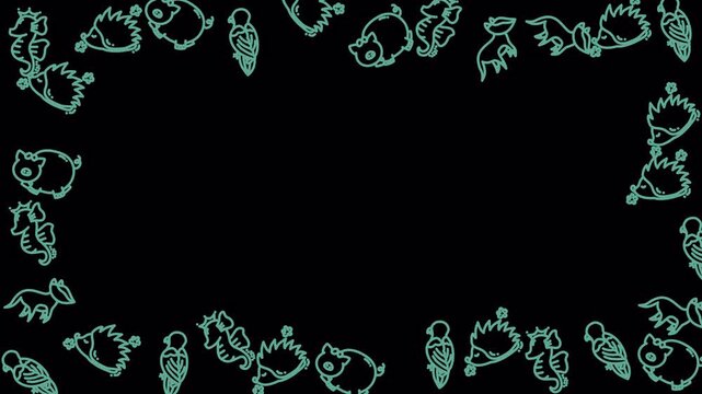 Teal Hand Drawn Animal Icons Frame Animation 4k Transparent Loop