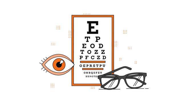 Eye Test Chart Depicting Vision Care, Glasses, and Eye Checkup Services Illustration