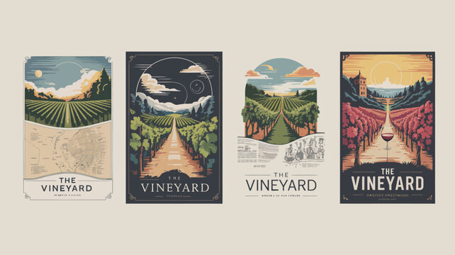 Vintage vineyard posters set of four travel advertisements with landscape and map illustrations high quality professional