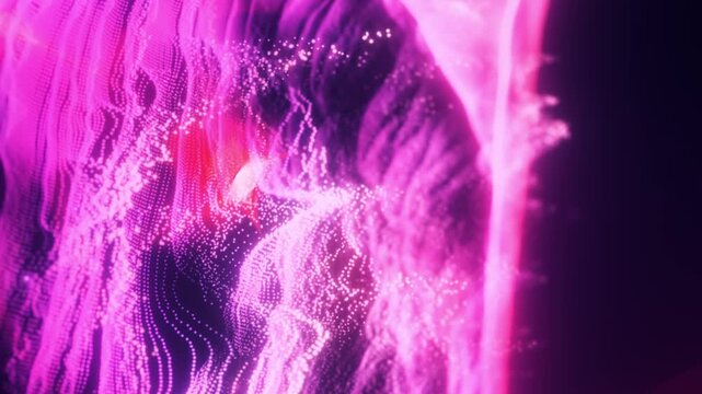 Abstract magenta digital wave with glowing particles and mesh terrain