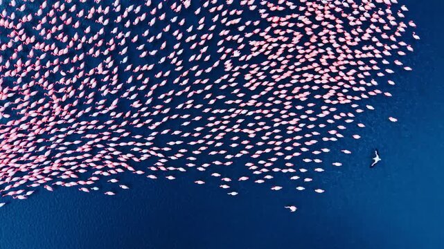 Aerial top down perspective of large flamingo group swimming in dark blue water. Pink flamingo flock swimming in lake.