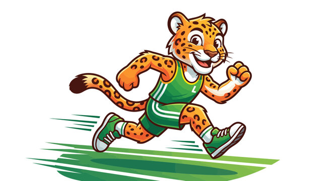 A cute leopard sports mascot runs fast and energetic on green track field