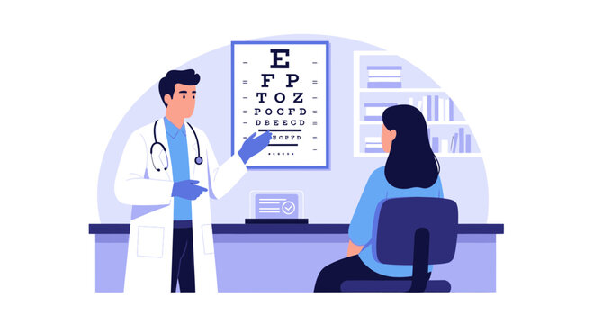 Eye Doctor Examines Patient Vision And Displays Test Letter Chart In Clinic Office