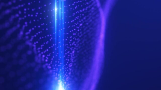 Abstract purple and blue digital wave with glowing particle terrain and bright horizon flare