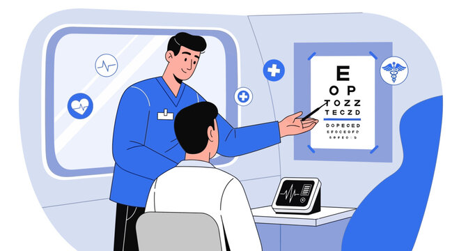 Eye Doctor Examining Patient Vision With Chart And A Monitoring Device In Clinic Setting