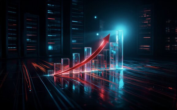 Futuristic data center with glowing graph and arrow symbolizing